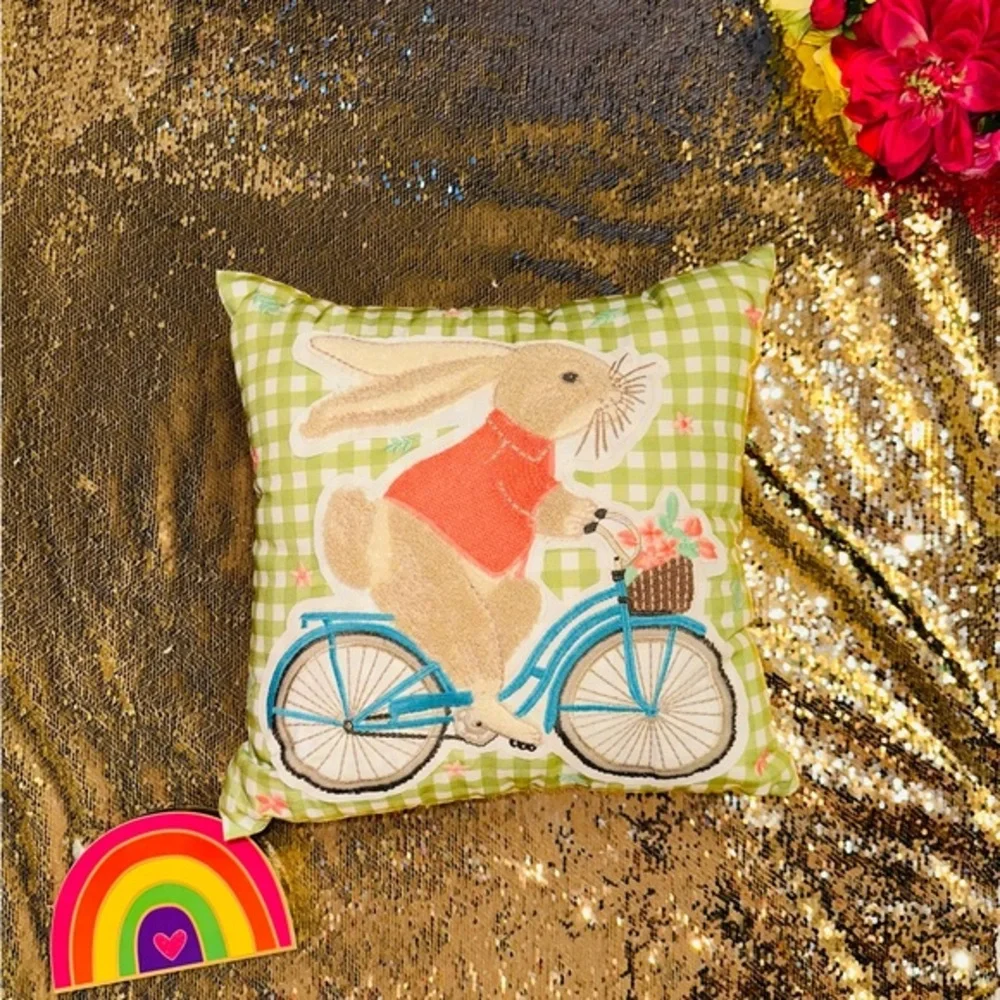 Easter decorative pillow plush bunny riding bicycle